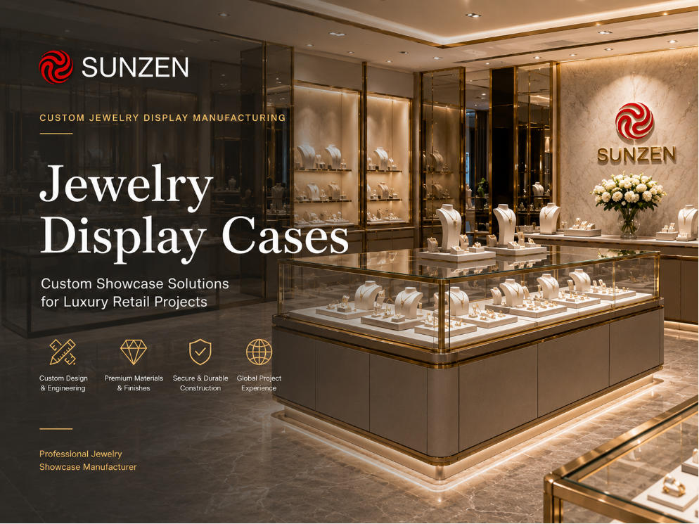 Custom jewelry display cases manufactured by SUNZEN for luxury jewelry retail projects